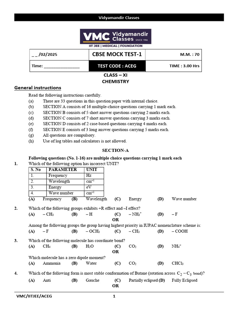 CBSE Class 11 Chemistry Mock Test | PDF | Chemical Bond | Chemical ...