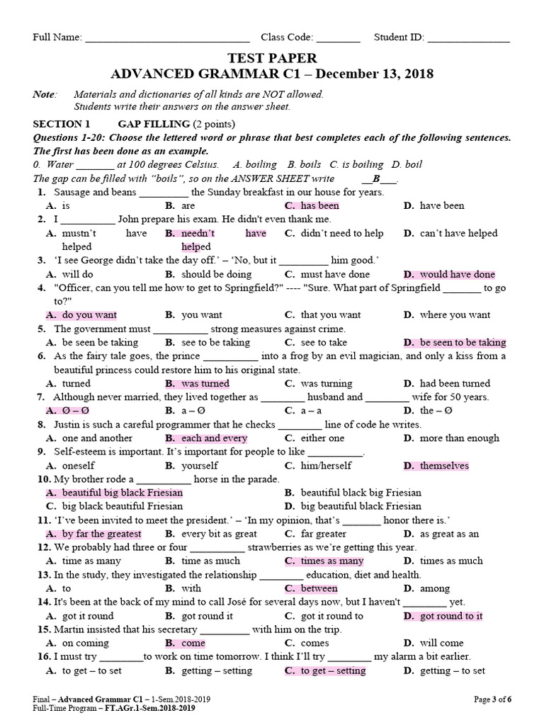 Advanced Grammar C1 Test Paper | PDF