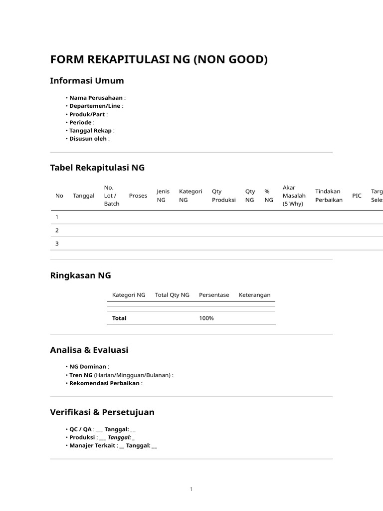 Formulir Rekapitulasi NG Produksi | PDF