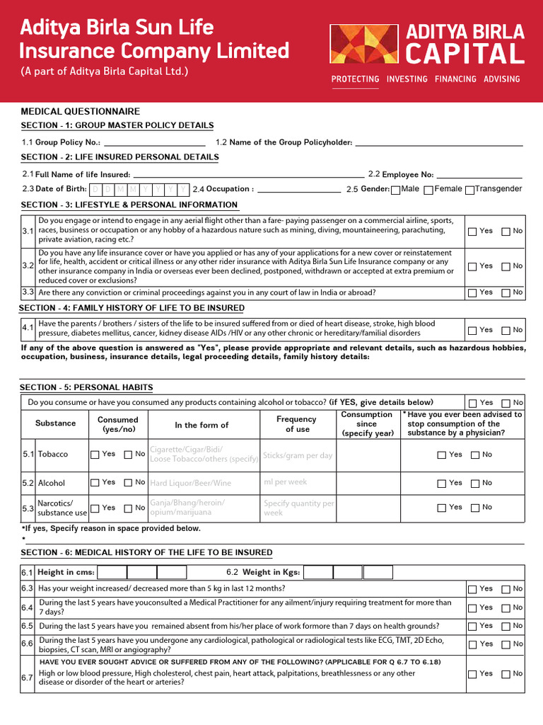 Medical Questionnaire for Life Insurance | PDF | Insurance | Life Insurance