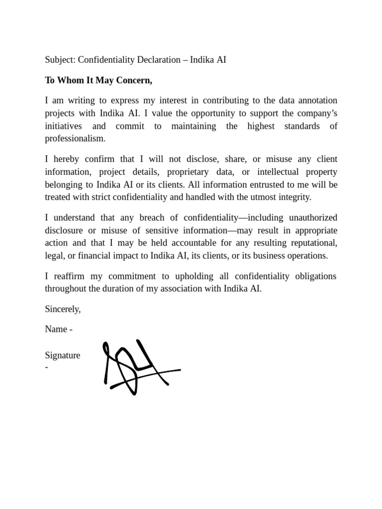 Subject - Confidentiality Declaration - Indika AI (1) | PDF