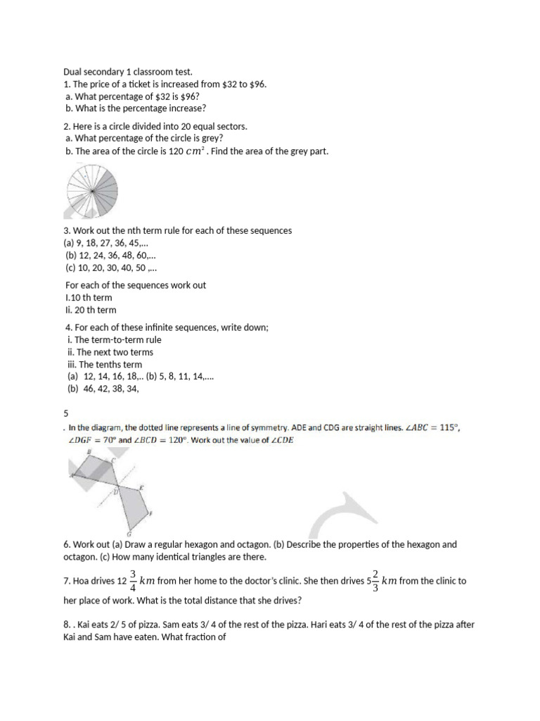 Secondary Math Test: Percentages & Sequences | PDF