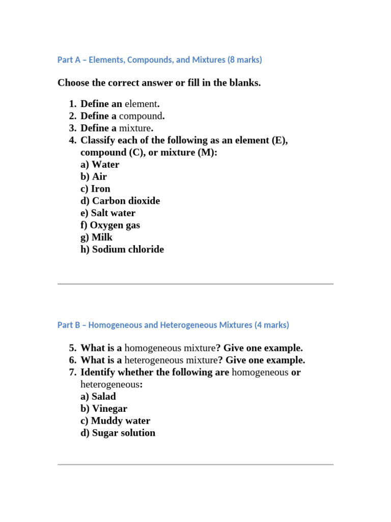 Elements, Compounds, and Mixtures Quiz | PDF