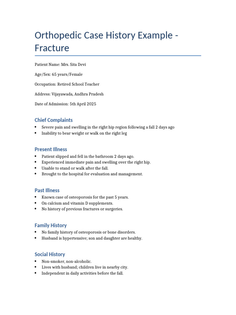 Orthopedic Case History Fracture Example | PDF