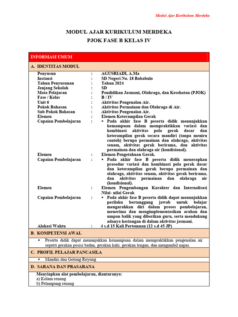 Modul Ajar PJOK Kelas 4 Kurikulum Merdeka | PDF