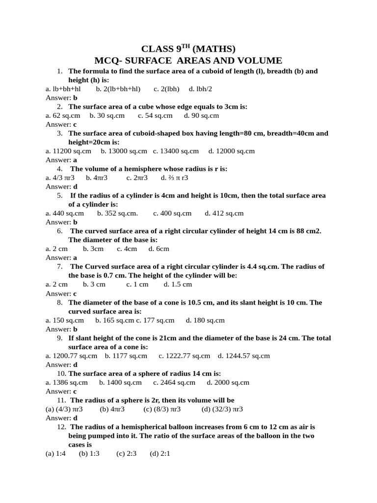 CLASS 9TH (MATHS) - Surface Area and Voolume MCQ Practice Sheet | PDF ...