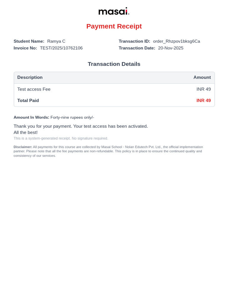 Payment Receipt for Test Access Fee | PDF