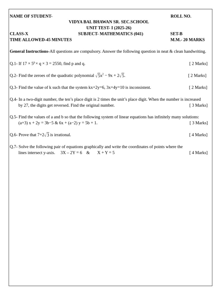 Class X Mathematics Unit Test 2025-26 | PDF