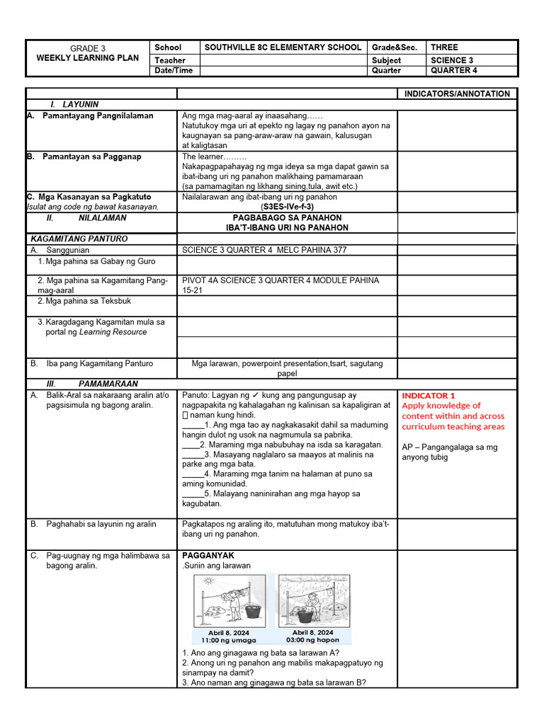 q4 Science 3 Week 3-4 DLL Uri NG Panahon | PDF