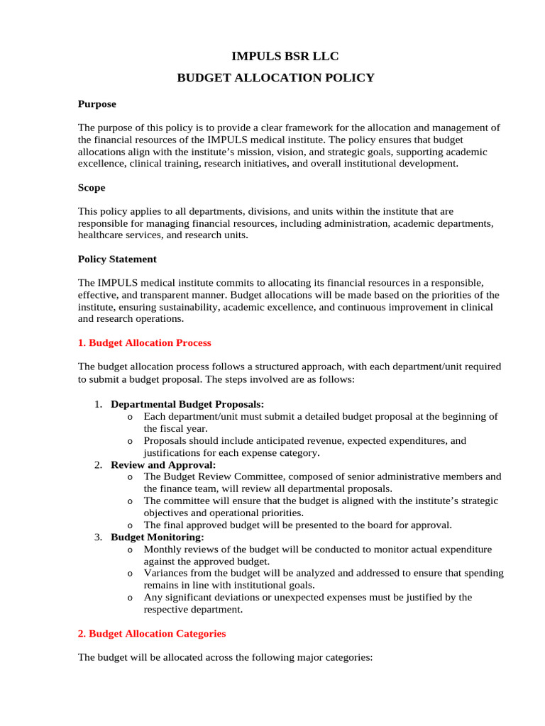 IMPULS Medical Institute Budget Policy | PDF | Budget | Expense