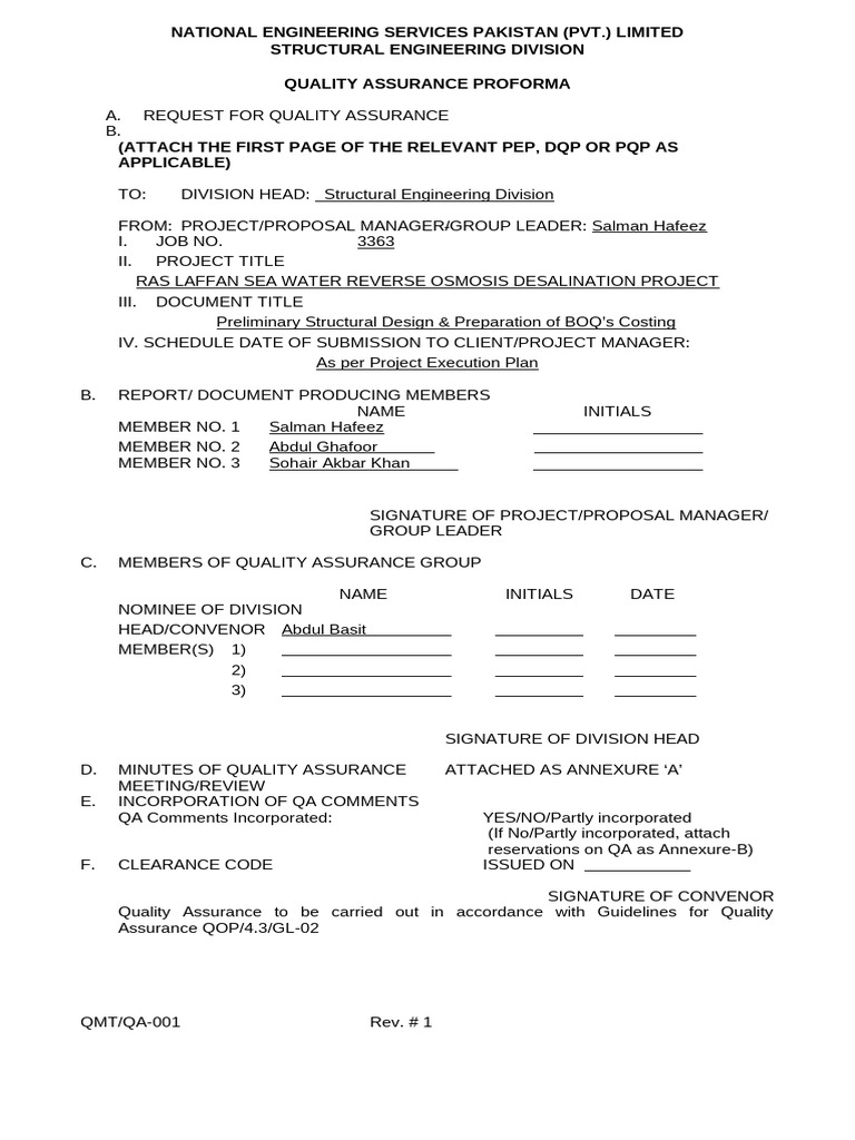 Quality Assurance Proforma for Desalination Project | PDF | Business ...