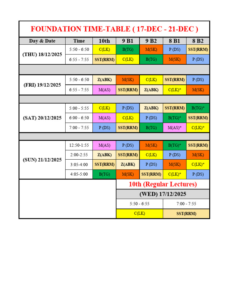 Time-Table Foundation (17-21 Dec) | PDF