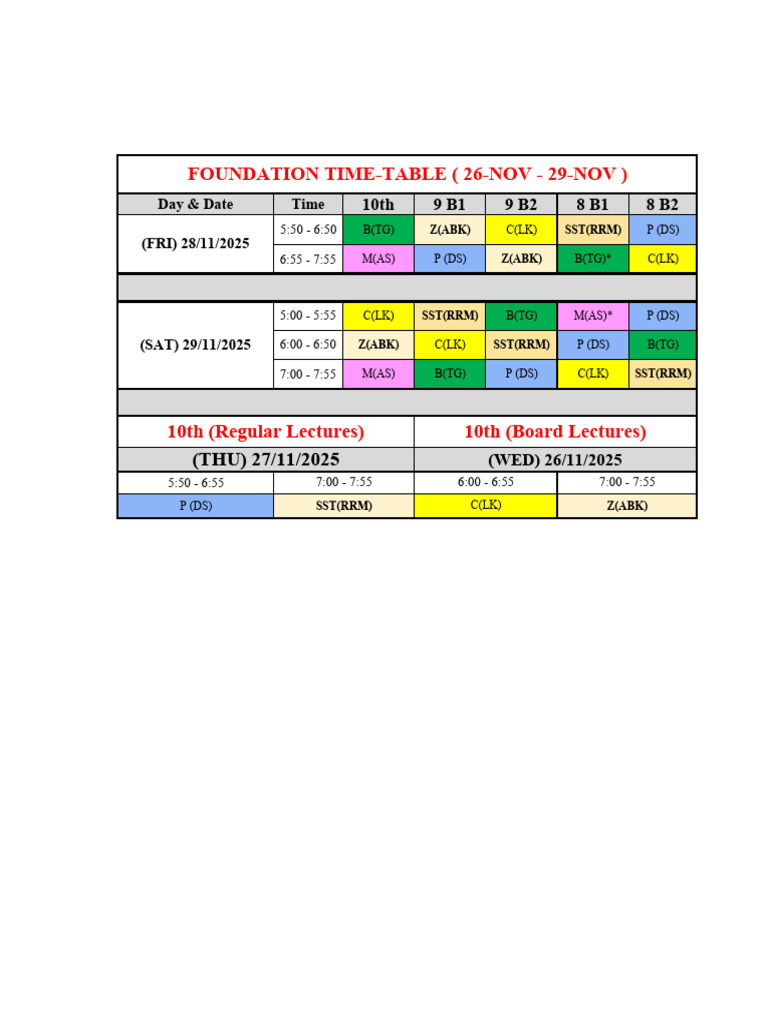 Time-Table Foundation (26-29 Nov) | PDF