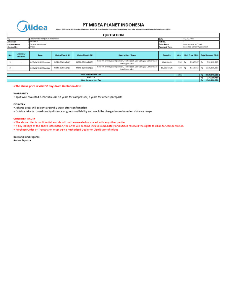 Midea AC Quotation for Super Depo | PDF