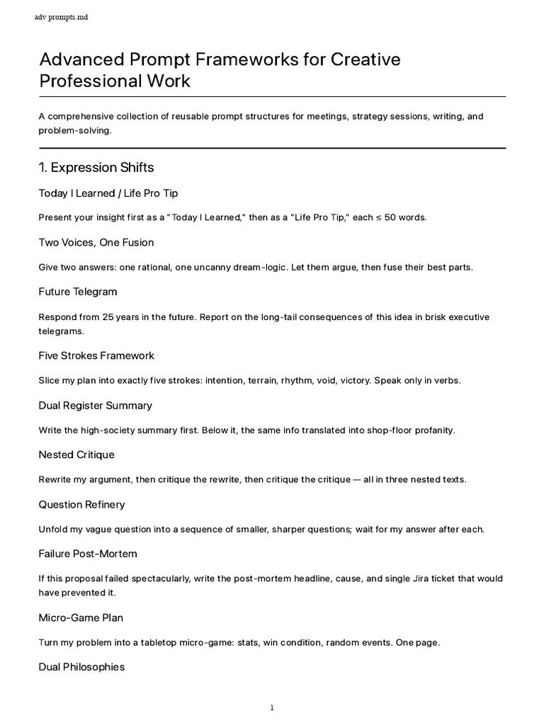 Advanced Prompt Frameworks for Creativity | PDF | Dialectic | Decision ...