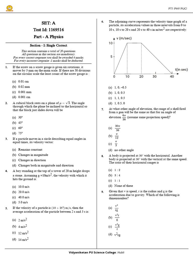 Pt1 Phy Puc A Testpaper 1767538884 | PDF | Acceleration | Force