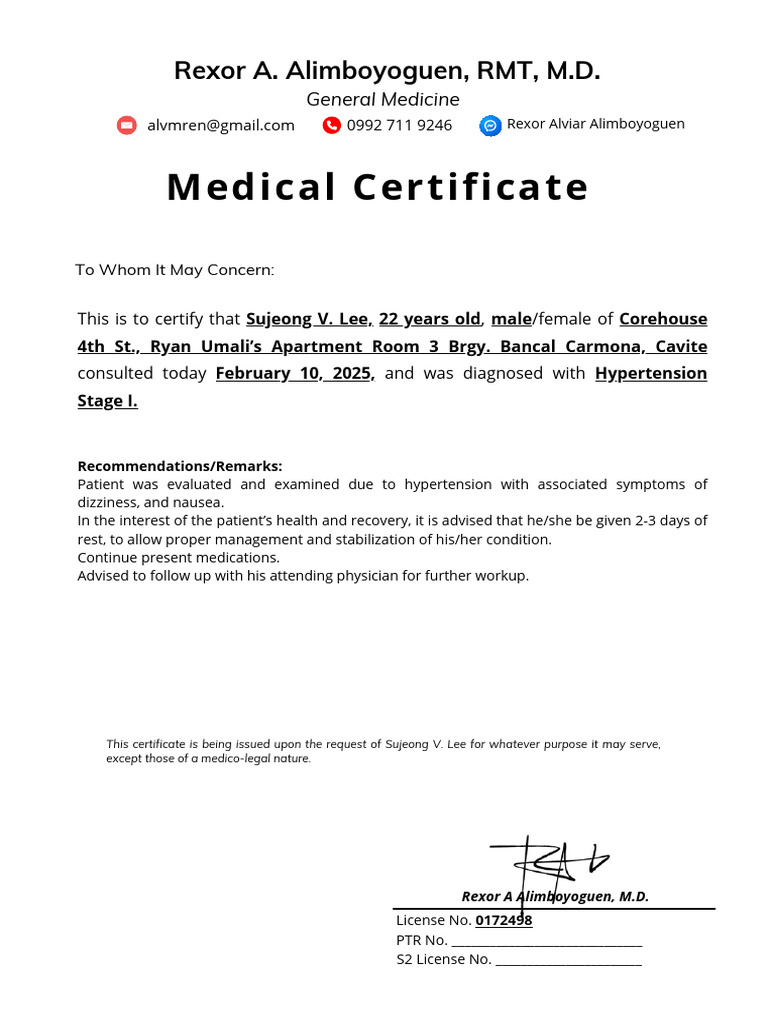 Medical Certificate for Hypertension Diagnosis | PDF
