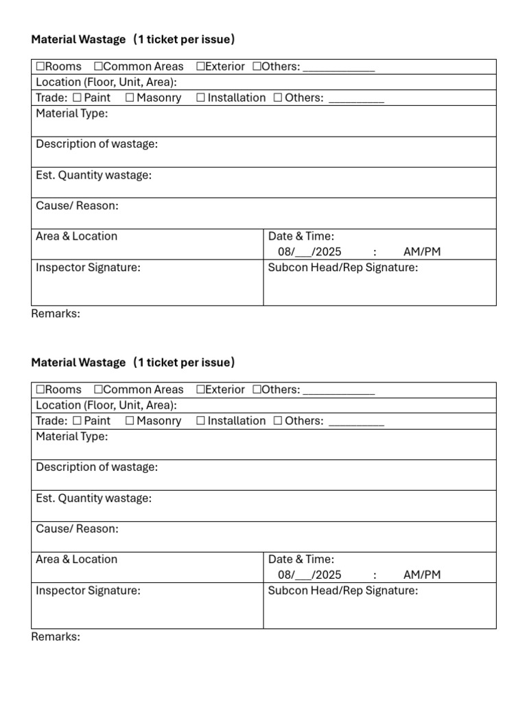 Material Wastage Reporting Form | PDF