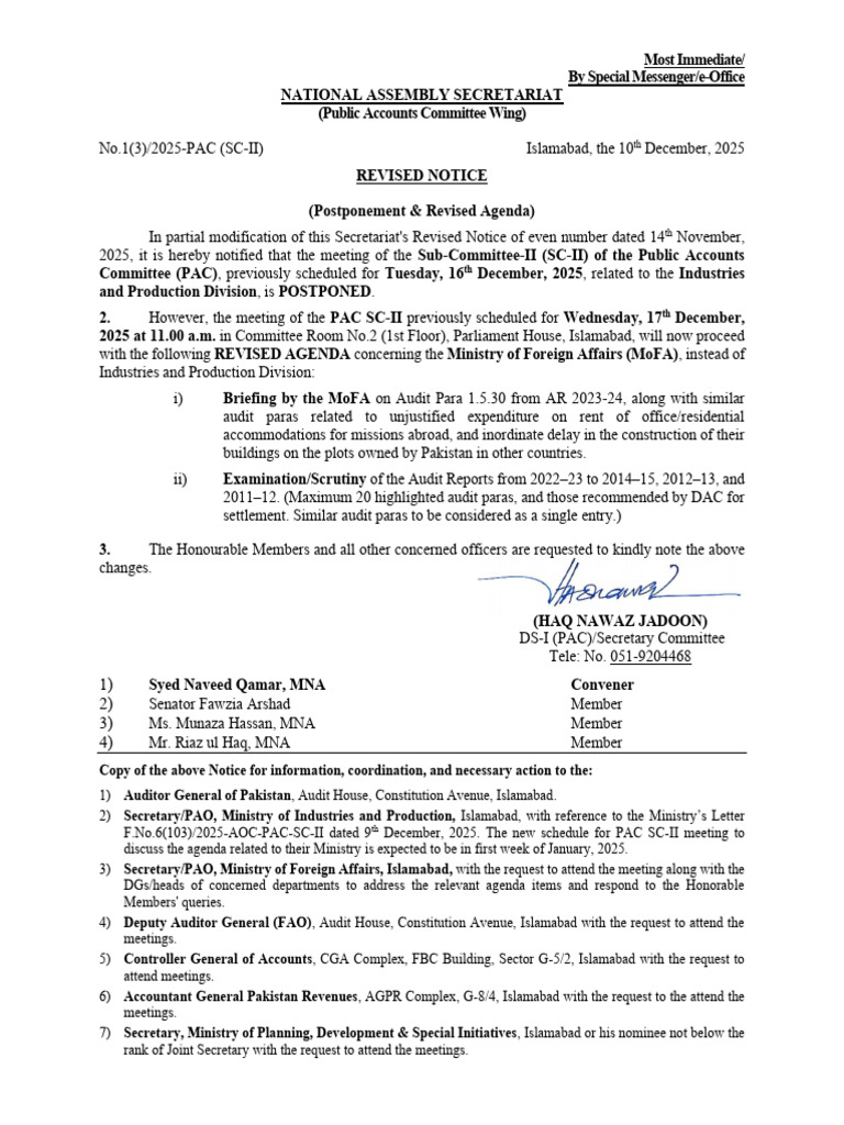 Revised Notice - PAC SC-II Meetings on Dec 16 and 17 | PDF | Parliament ...