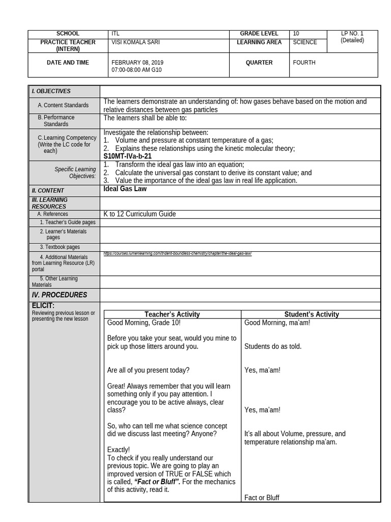 Ideal Gas Law Lesson Plan for Grade 10 | PDF | Gases | Temperature