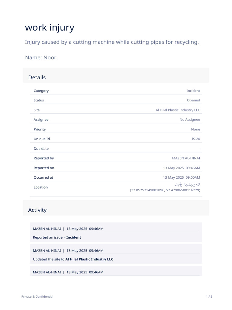 Work Injury Report: Cutting Machine Incident | PDF