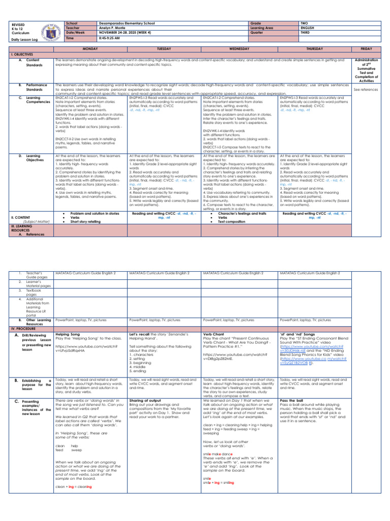 Grade 2 English Lesson Plan: Week 4 | PDF | Syllable | Curriculum