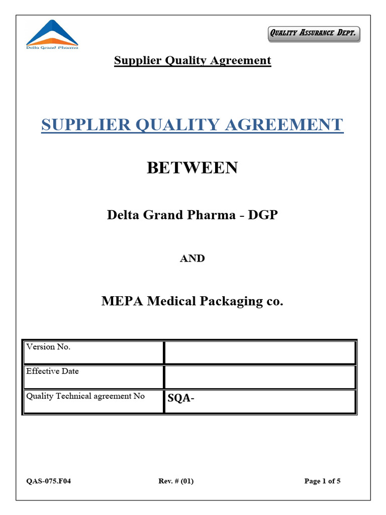 Supplier Quality Agreement - Final Form | PDF | Verification And ...