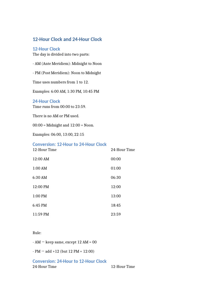 12-Hour vs 24-Hour Clock Guide | PDF