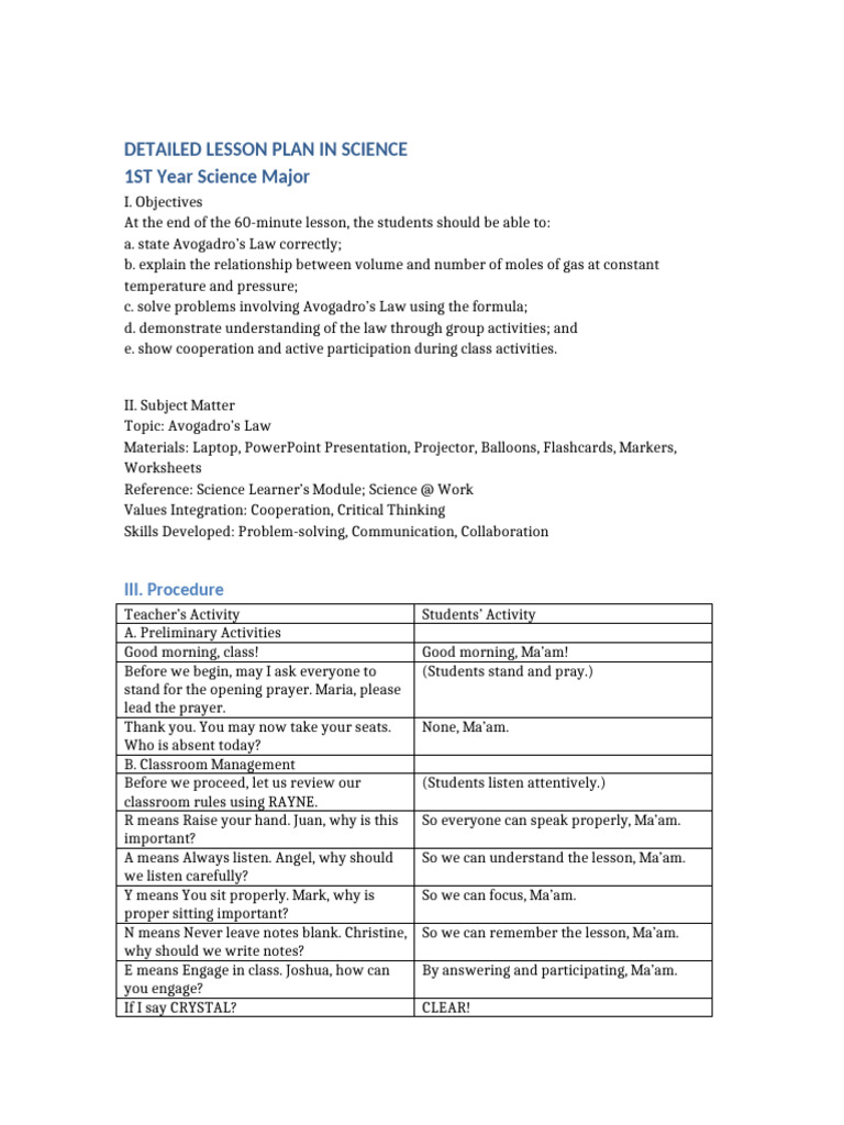 Avogadro's Law Lesson Plan for 1st Year | PDF | Gases | Mole (Unit)
