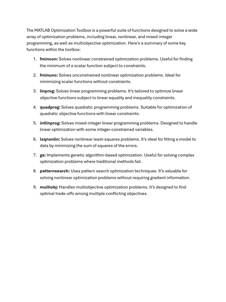 MATLAB Optimization Toolbox Functions | PDF