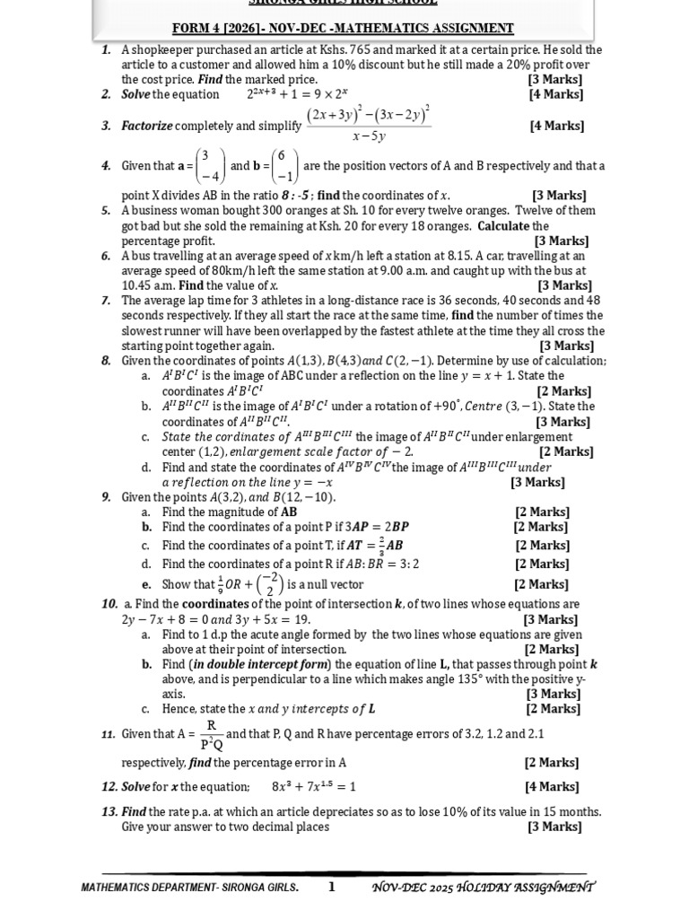 Sironga Girls Form 4 Math Holiday Assignment | PDF | Taxes ...
