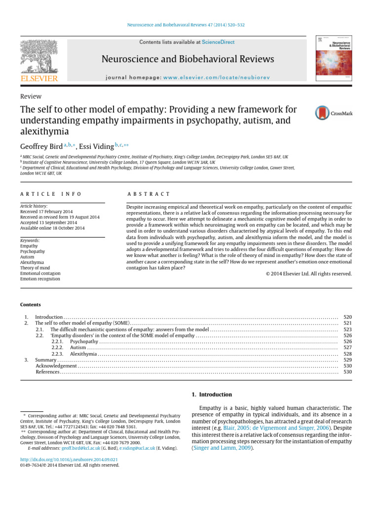 Empathy Model for Psychopathy & Autism | PDF | Empathy | Emotions