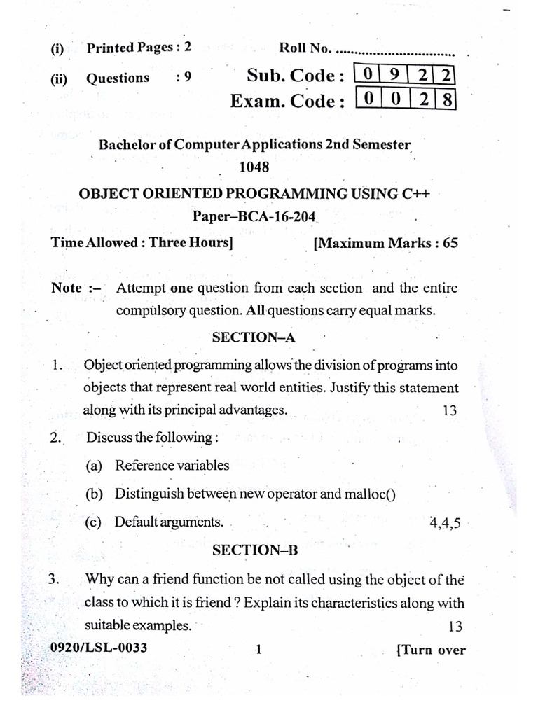BCA - 2nd Sem - Object Oriented Programming Using C++ - Paper-BCA-16 ...