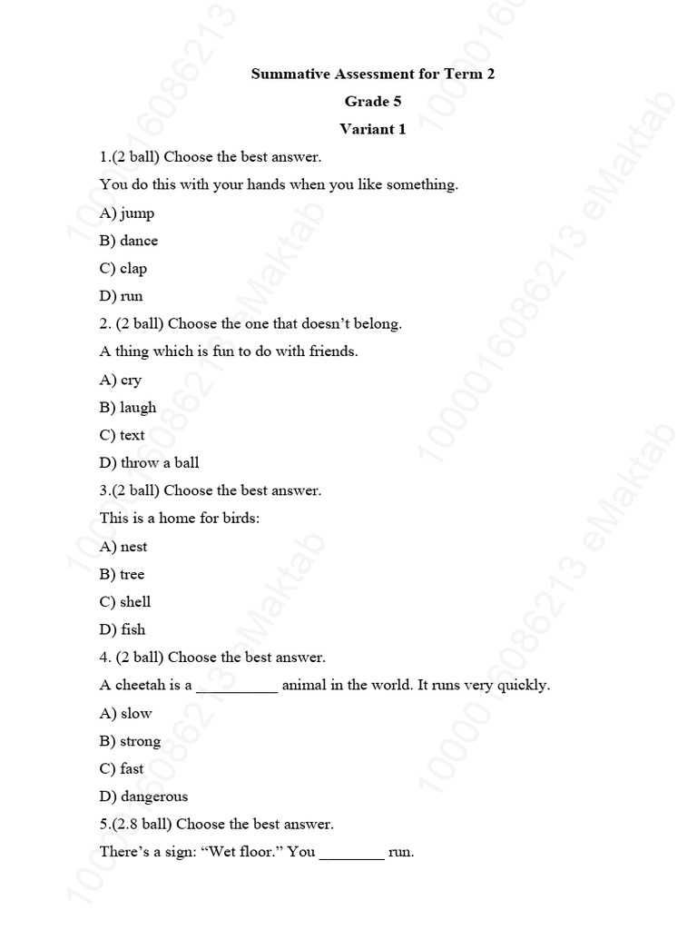 Grade 5 Term 2 Summative Assessment | PDF