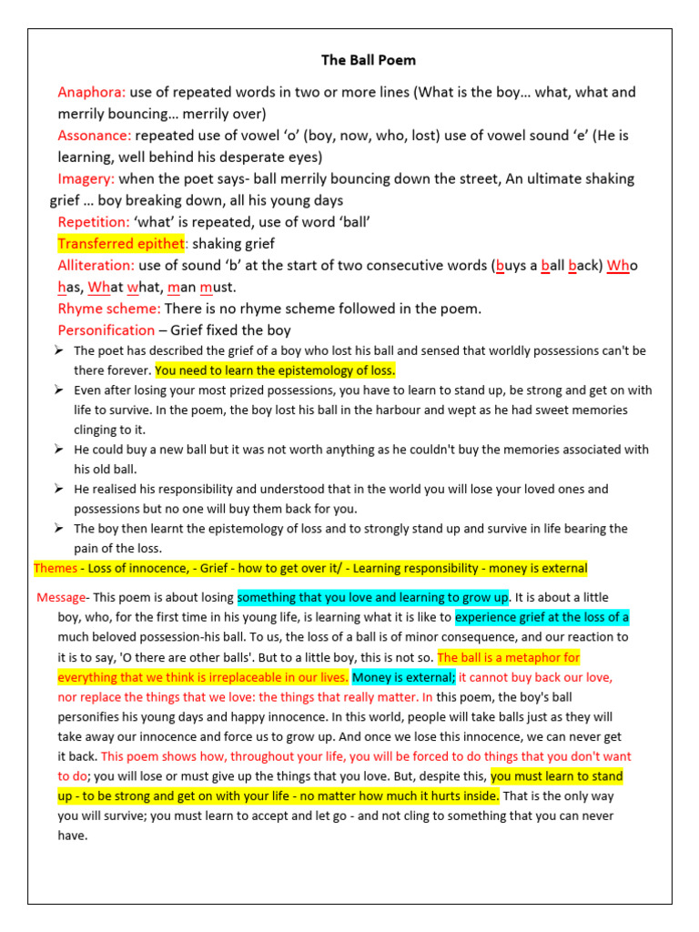Literary Devices-The Ball Poem | PDF | Rhyme | Poetry