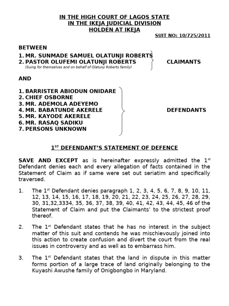 Lagos Land Dispute Defense Statement | PDF | Judgment (Law) | Civil Law ...