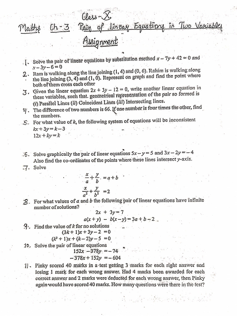 10th Ch-3 Linear Equations Assignment | PDF