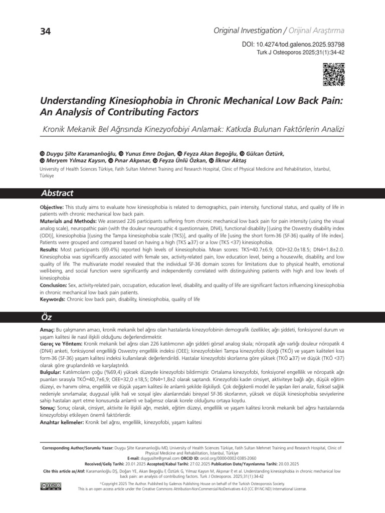 Understanding Kinesiophobia in Chronic Mechanical Low Back Pain An ...