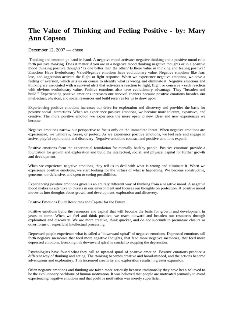 The Value of Thinking and Feeling Positive | PDF | Emotions | Thought