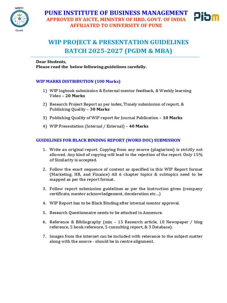 WIP Project Guidelines for PGDM & MBA | PDF