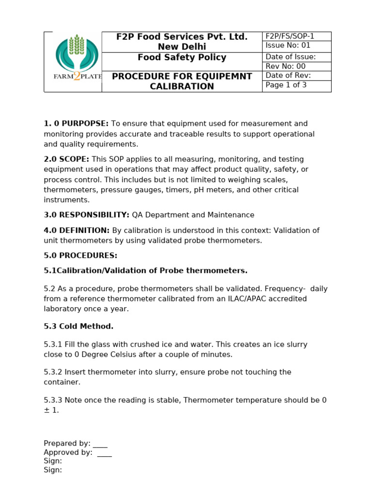 F2P SOP Equipment Calibration | PDF | Calibration | Thermometer