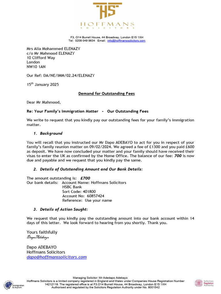 ECO Demand Letter - Mrs Alia Mohammed ELENAZY | PDF