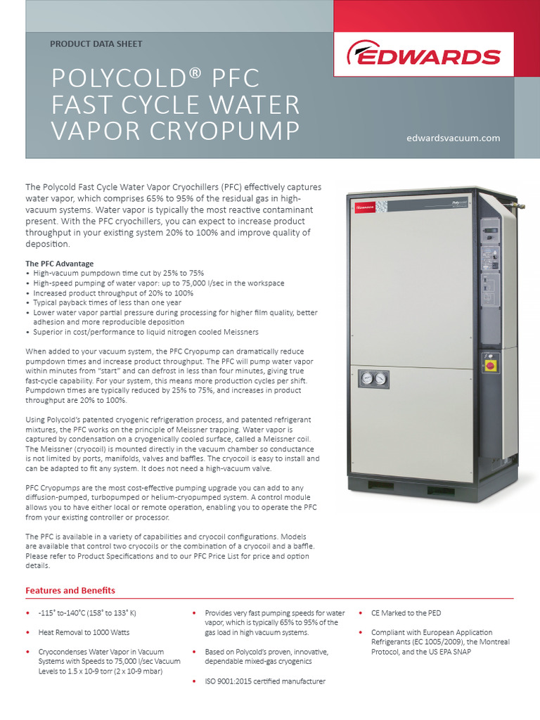 Polycold PFC Cryopump Data Sheet | PDF | Water Vapor | Vacuum