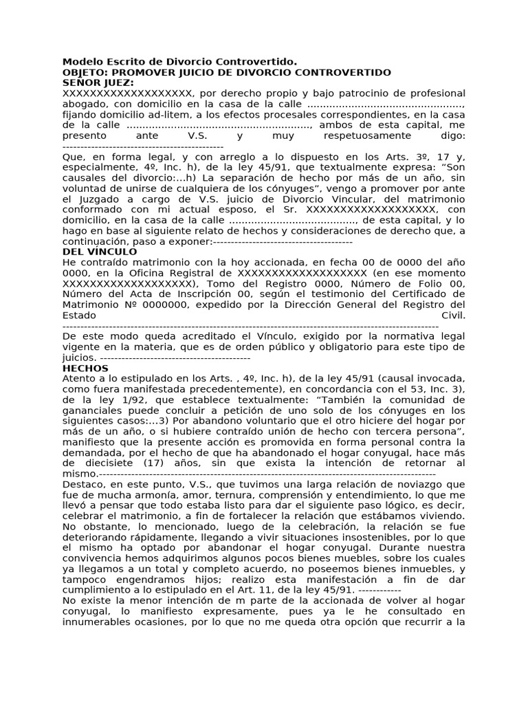 Modelo de Demanda de Divorcio Controvertido | PDF | Divorcio | Demanda ...