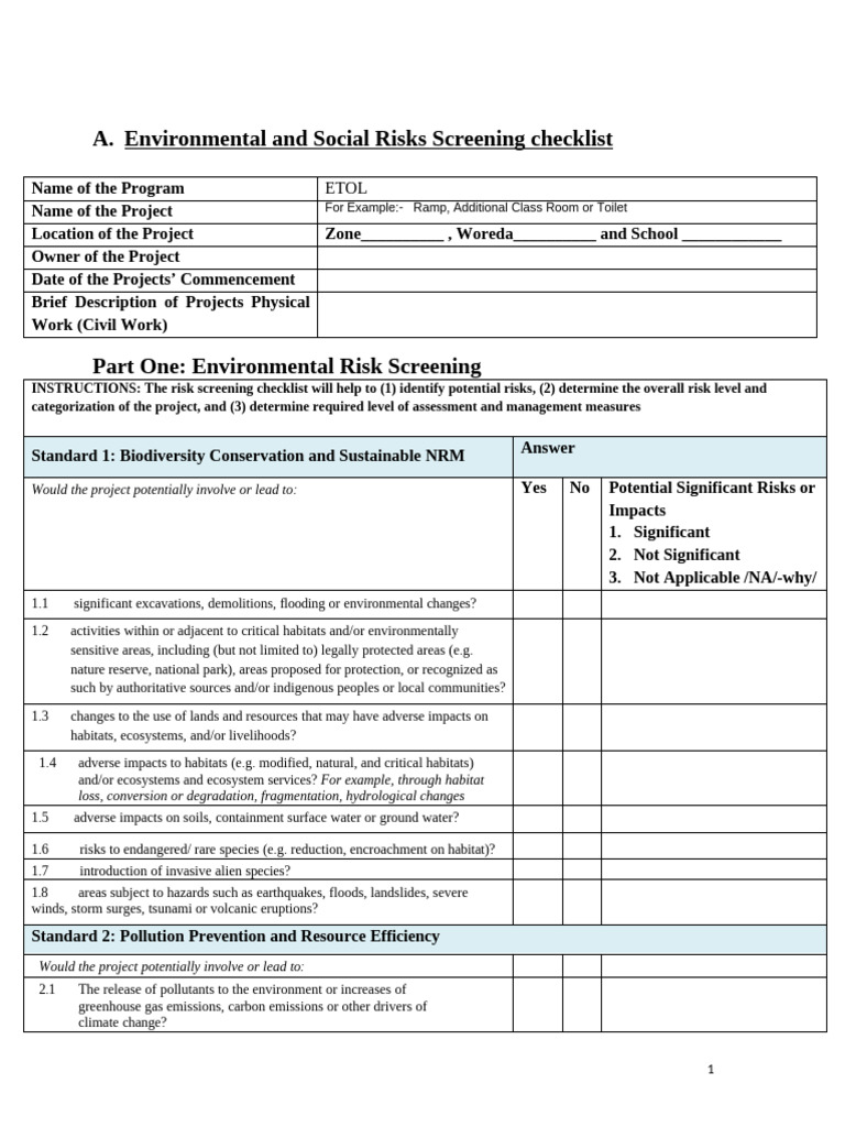 Environmental and Social Risk Checklist | PDF | Hazards | Water Pollution