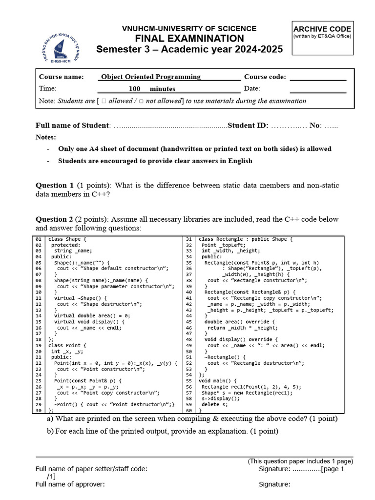 Object Oriented Programming Exam 2024 | PDF | Integer (Computer Science ...