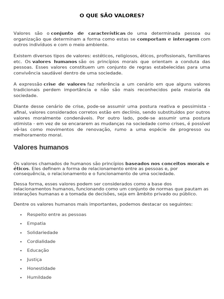 Entendendo os Valores Humanos e sua Importância | PDF