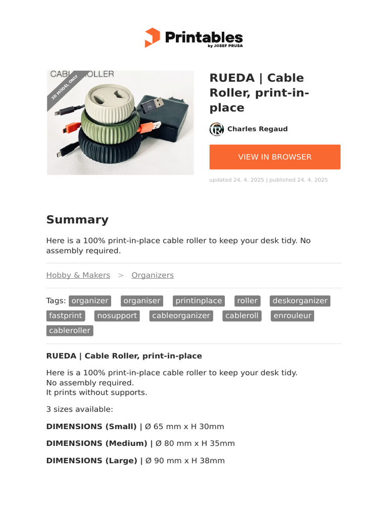 Print-in-Place Cable Roller Organizer | PDF