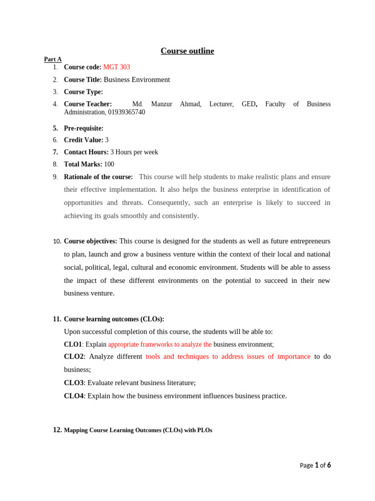 Business Environment Course Outline | PDF | Market (Economics) | Lecture