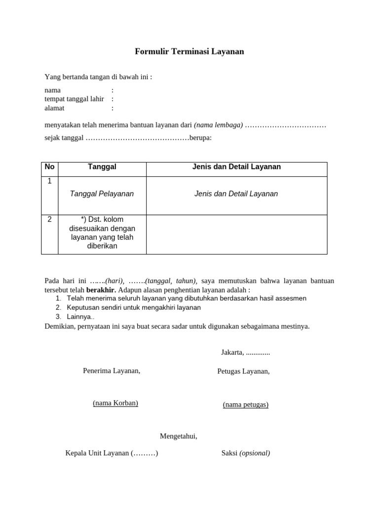 Formulir Terminasi Layanan Resmi | PDF